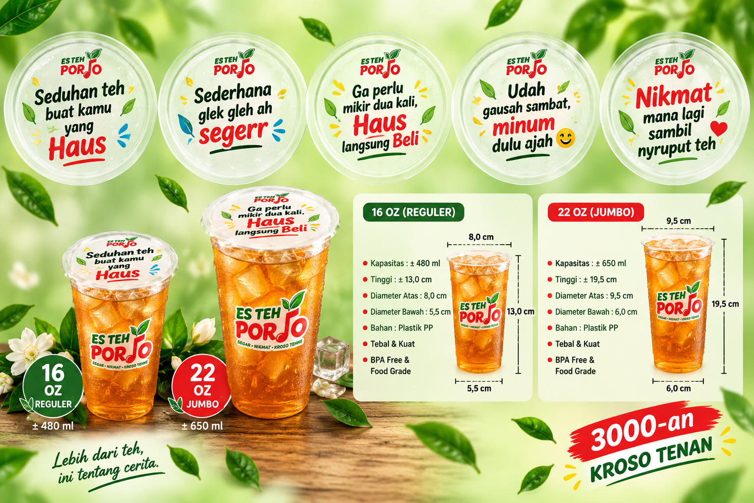 Referensi spesifikasi gelas Es Teh Porjo 16 oz dan 22 oz